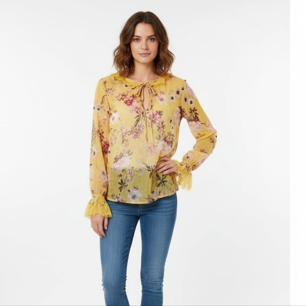 Buffalo David Bitton Yellow Floral Blouse with Lace medium